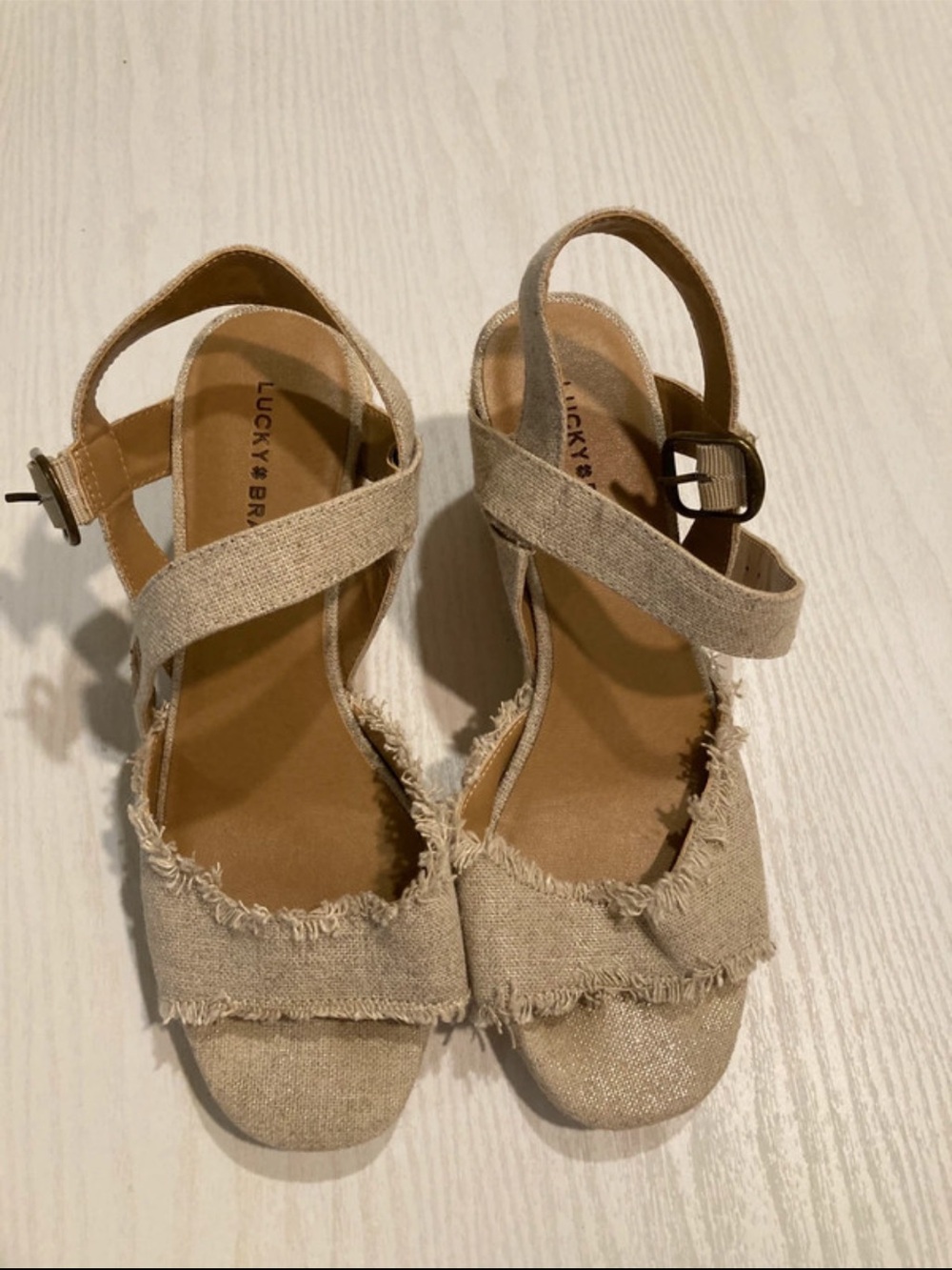 Lucky Brand Natural Beige Frayed Espadrille Wedge Sandals - Picture 2 of 4